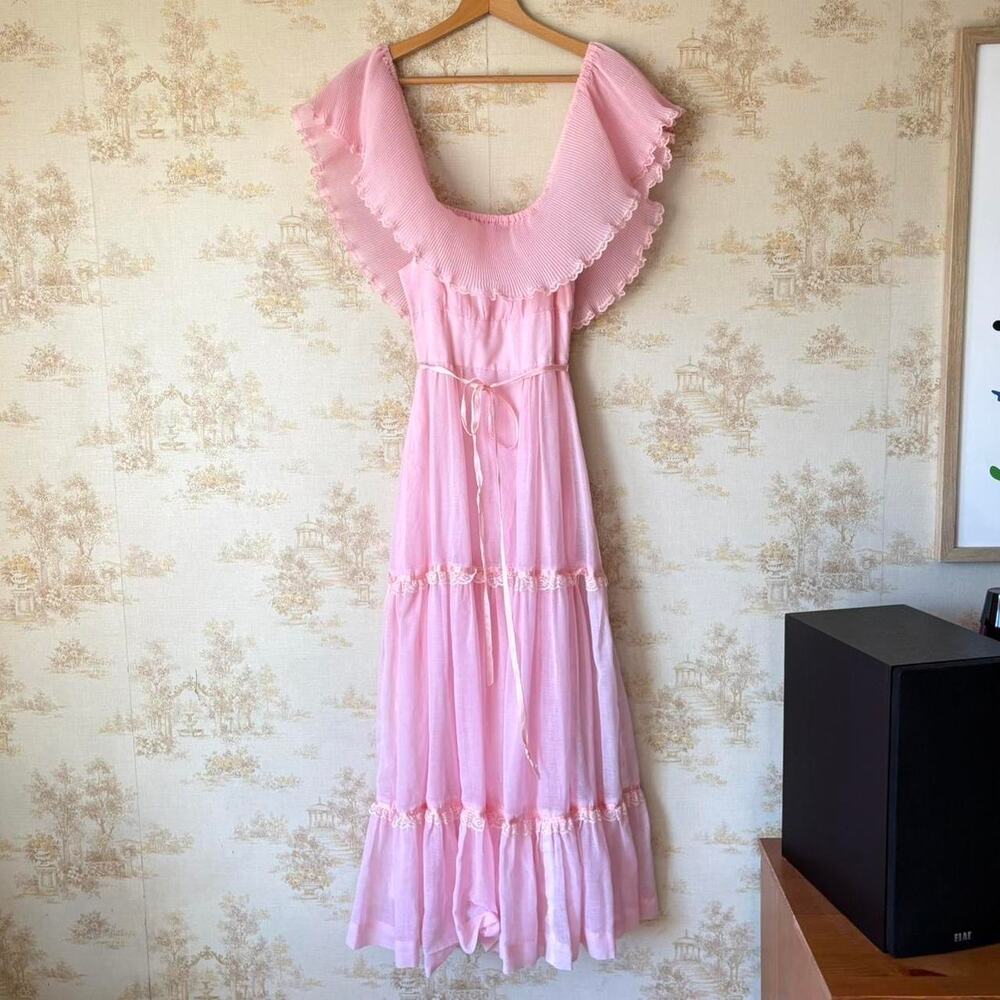 Vintage 70s Sears Pink Prairie Dress Womens XS Pleated Ruffle Coquette Romantic